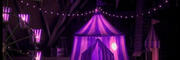 a circus tent lit in purple