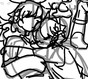 a messy uncolored sketch of two characters (ocs) sleeping on each other, cuddling