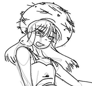 a bust-up uncolored sketch of a girl with long hair in a sundress and a straw hat. it has a little heart on it