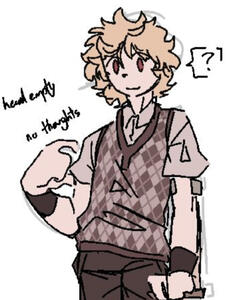 a waist up drawing of an oc with red eyes, short blond hair, and a light brown argyle sweater vest,