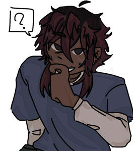 an oc with red and black hair, looking up at the camera with a smile, with a little question mark bubble next to his head.