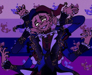 Tsukasa Tenma in his jester outfit, smiling at the camera. He is posing with both his hands near his face, elbows far out to the side. His right hand is pointed downwards towards his neck, and the left hand pointed upwards. he has four more arms behind him