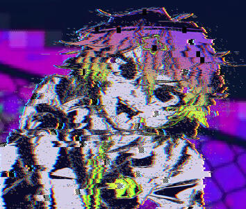 a very glitched out drawing of tsukasa tenma in a grey, black, yellow, and pink color palette