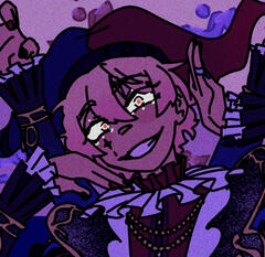 Tsukasa Tenma in his jester costume, in a dark color palette with bright eyes. He's doing the pose from the first chorus in the MV of the song Red Flags, by Tom Cardy - with his hands up by his face and head tilted.